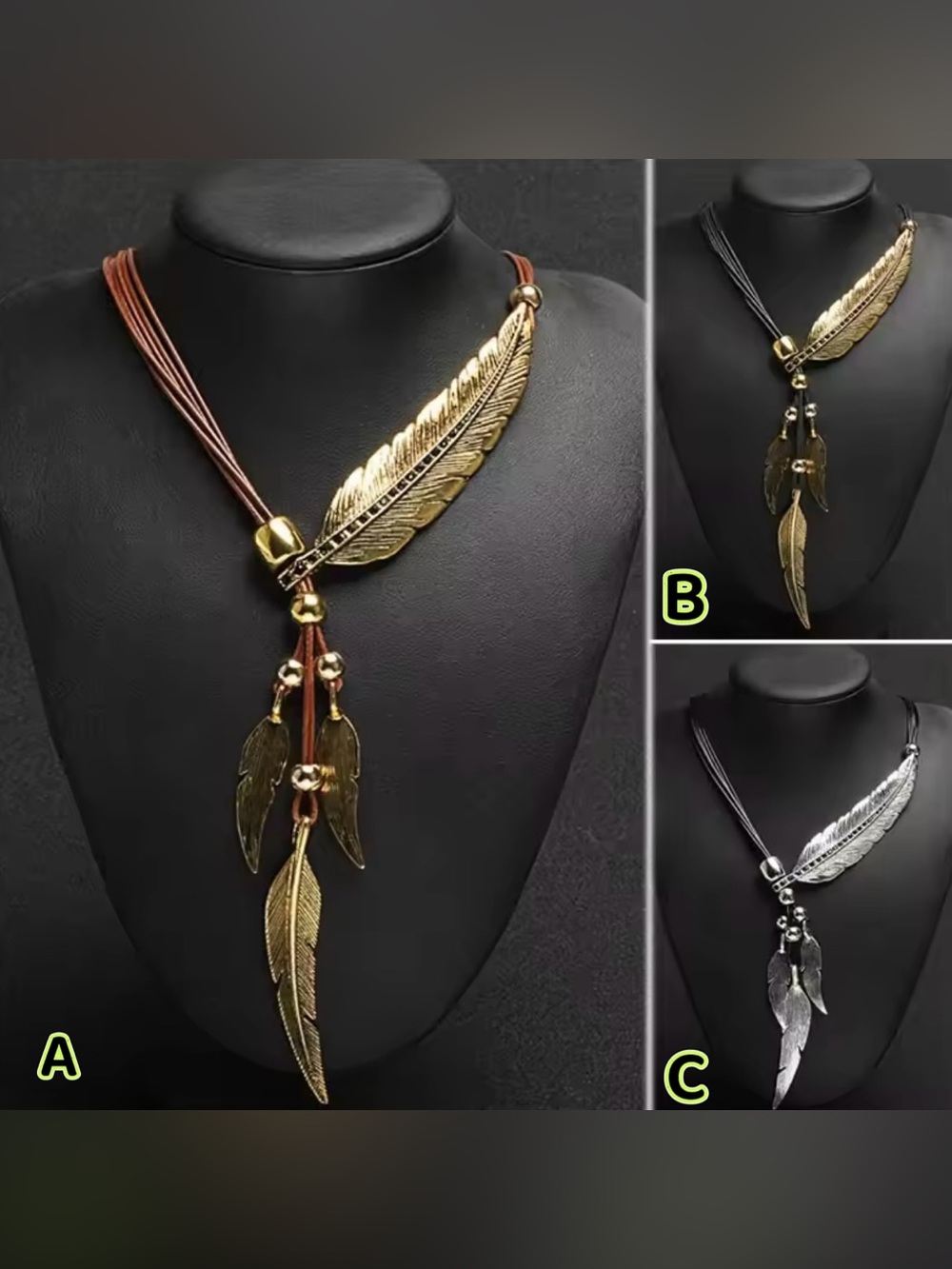Boho Angel Feather Pendant Necklace silver / gold tone black / red leather cord